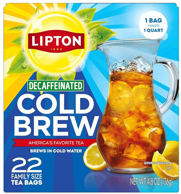 Lipton 디카페인 콜드 브루 아이스 티백 패밀리 사이즈 제로 칼로리 끓이지 않고 쉽게 만들 수 있음 티백 총 22개, 1
