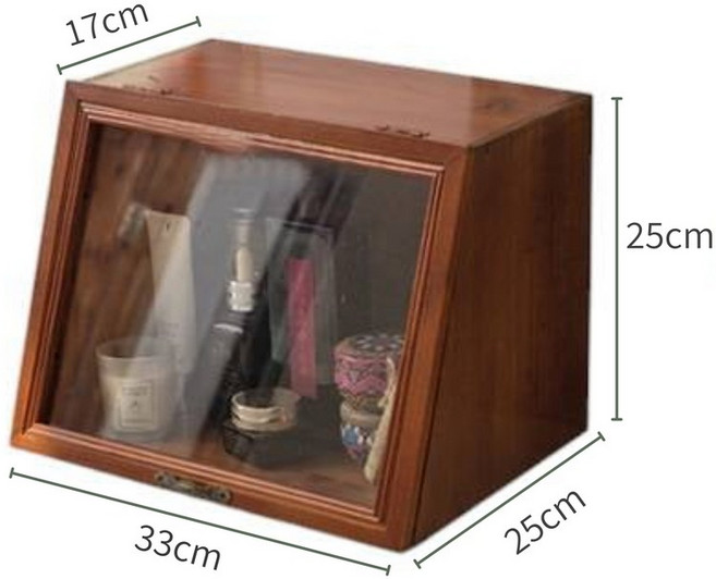 復古桌上收納櫃 海棠花玻璃翻蓋式置物架 化妝品收納盒 (33x25x17cm), 1個, 透明玻璃