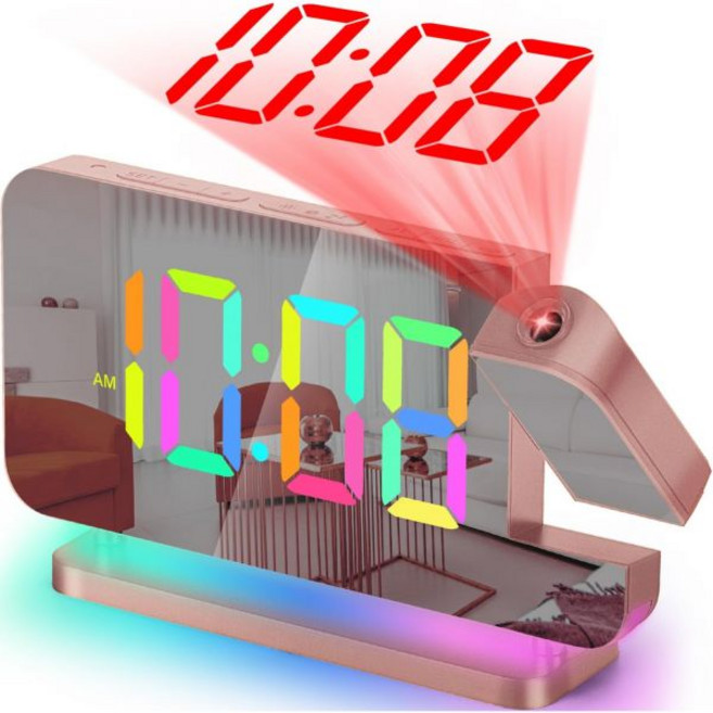 SZELAM 프로젝션 알람 시계 4인치 LED 미러 디지털 대형 디스플레이 180 회전 RGB 조명 USB 포트 오토 디머 침대용 라우드 데스크 골드, Rose Gold, 로즈 골드