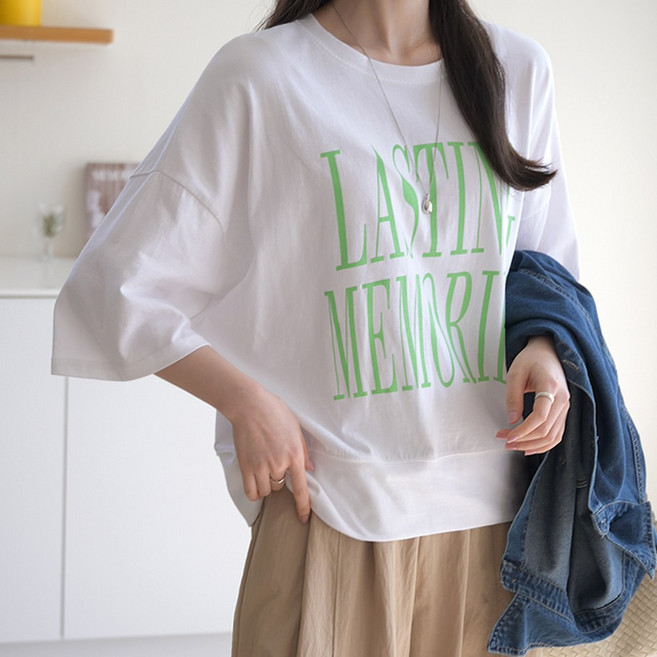 데일리앤 베디 여자 박스티 봄 얇은 7부 면 레터링 오버핏 반팔 티셔츠 여름 가을