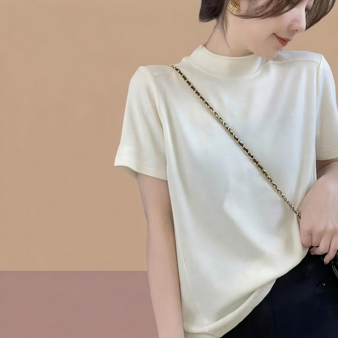 Timepure 여성 여름 심플 모던 반팔 티셔츠 데일리 편안한 빅사이즈 반하이넥 스판 기초티 반팔티