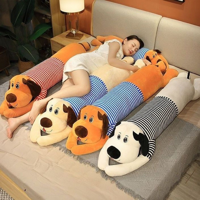 JUSTFEELING 강아지 대형 롱쿠션 뽀글이 인형 침대 성인 긴배게, 베이지블루