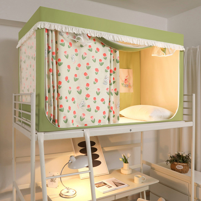 개웃기냥 귀엽고 아기자기한 1인용 1 2층침대 기숙사 학생용 사각 모기장 텐트 난방 틴트 일체형 5면 포괄, E 그린 튤립