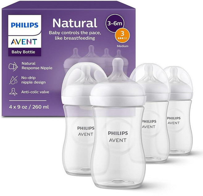 141163 Philips Avent 천연 반응 젖꼭지가 있는 아기 젖병 바다 디자인 266ml(9온스) 4팩 SCY903/68, 255g(9온스), 투명
