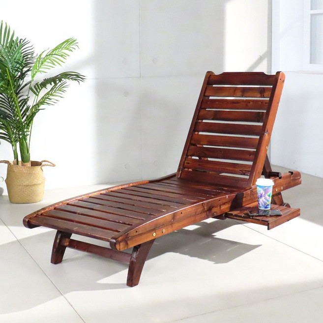 實木休閒躺椅 三段式可調角度 可折疊 附小桌板, 實木躺椅