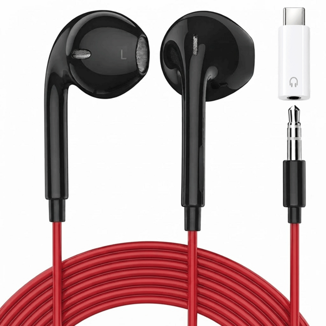 3미터 슬림 롱케이블 오픈형 유선 이어폰 3.5mm C타입 겸용, 레드, 3M
