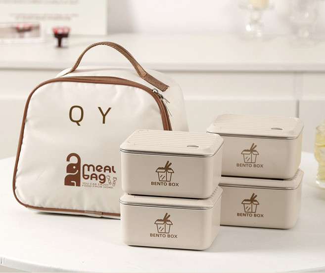 QY 도시락통 전자레인지용 직장인 피크닉 캠핑 수저 보온가방 포함, 4개, 베이지