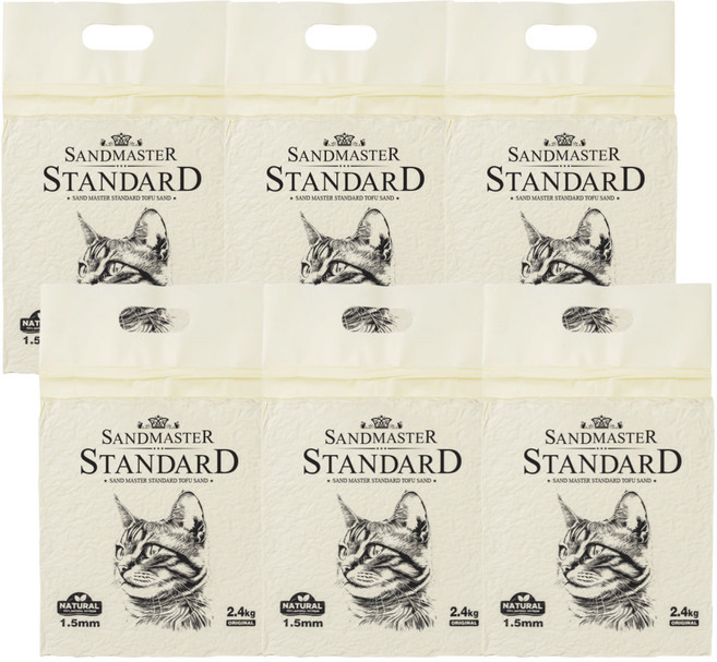 샌드마스터 스탠다드 고양이 두부모래 1.5mm 가는입자 무향, 6개, 2.4kg