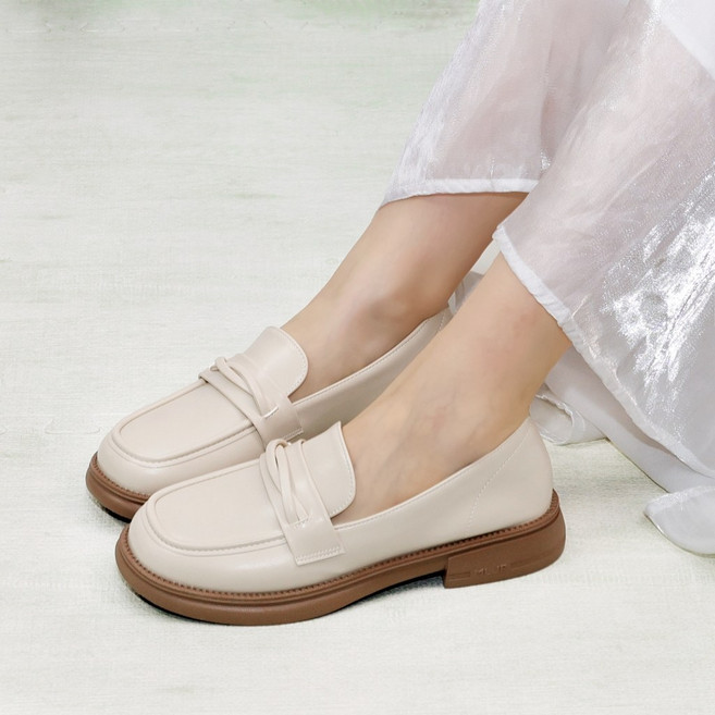 MEILIJIARE 韓系扭結軟皮革樂福鞋 厚底設計 舒適百搭女鞋 米色