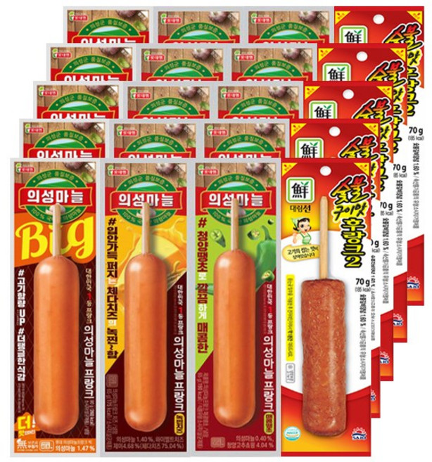 편의점 핫바 소시지 빅 의성마늘프랑크5+의성마늘 치즈5+의성마늘 땡초5+숯불구이맛5 / 총 20개, 70g