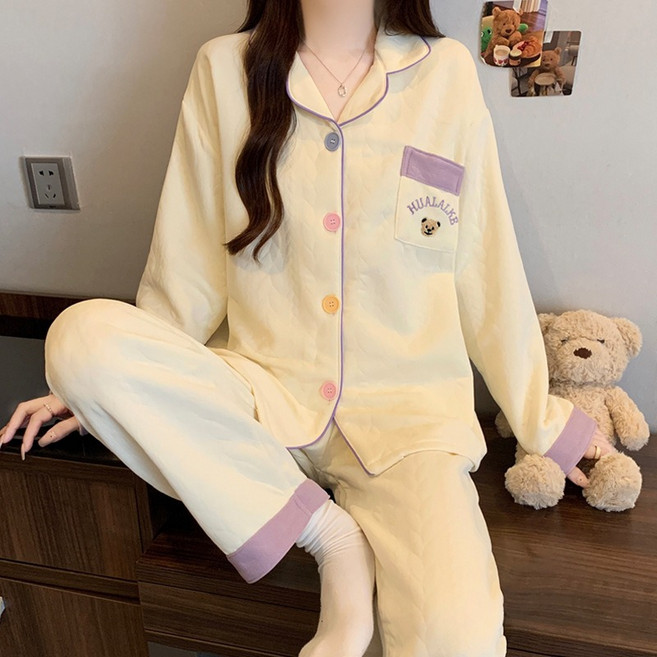 여성 인스타그램 풍 카툰 곰 단색 심플 샌드위치 층 에어솜 가을겨울 보온 잠옷 홈웨어 세트