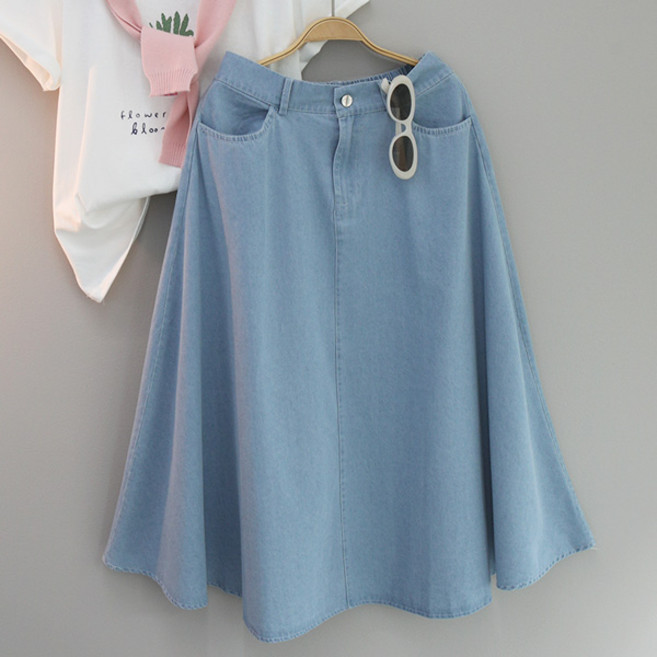 달콩 여성 청치마 봄신상 간절기 컬리A라인데님롱스커트(벨트SET)