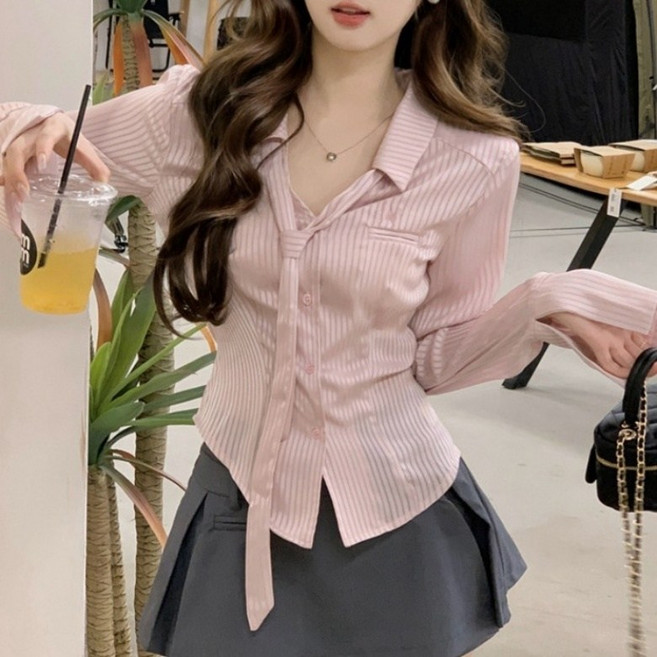 아이엠몽 여성 셔츠형 스트라이프 타이 블라우스