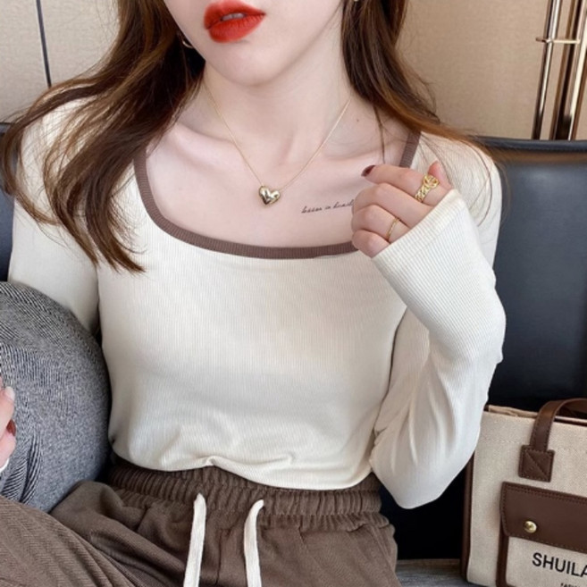 스퀘어넥 투톤 티셔츠 여성 가을 슬림핏 반팔 데일리