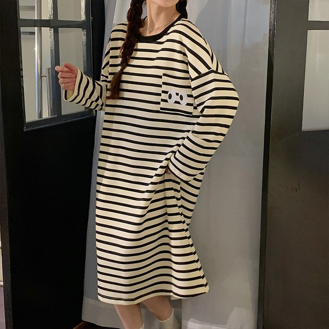 新竹出貨 棉質睡裙 長袖家居服 卡通可愛居家連身裙 秋冬女生居家服 寬鬆大尺碼 小熊維尼睡衣女