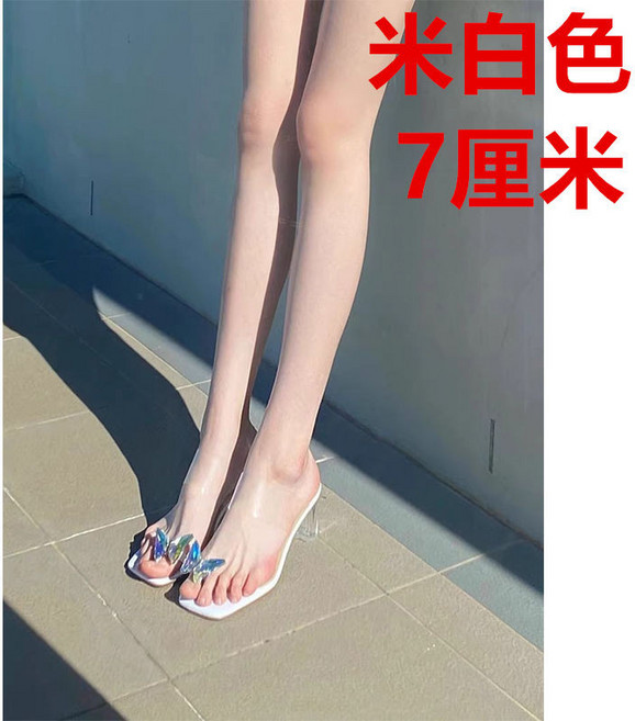 夏季透明蝴蝶結夾趾粗跟高跟涼鞋