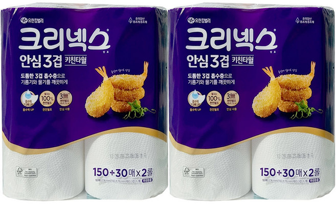 크리넥스 안심 키친타올 3겹 2롤, 4개, 180매