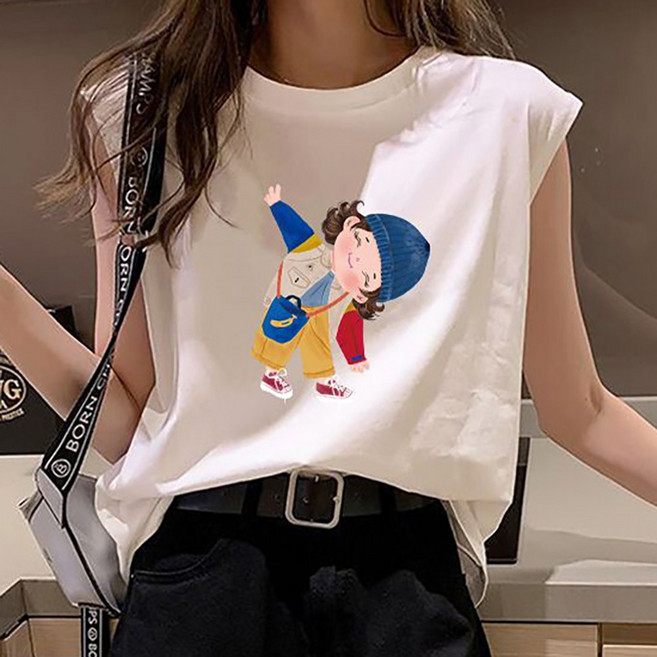 로르카 여성 라운드넥 캐릭터 프린트 민소매 티셔츠 루즈핏 캐주얼 레이어드 이너 나시 M01031911