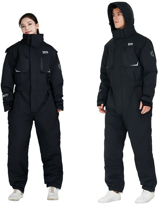 ZHINUO 지누오 오토바이 방풍복 패딩 우주복 일체형 스즈끼복 겨울 작업복 배달 방한복 라이딩 낚시복 스키복 허리 저퍼 허리 조절, 검은색, L