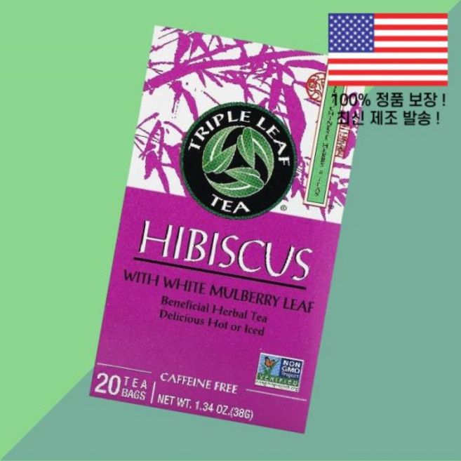트리플 리프 티 히비스커스 화이트 멀베리 잎 무카페인 티백 20개 1.34온스 38g Triple Leaf Tea Hibiscus With White Mulberry Caffe, 1