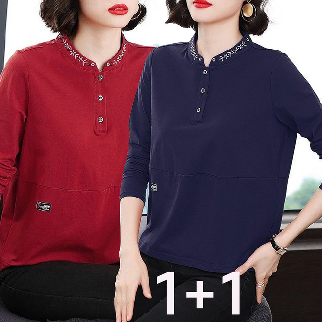 TIMEPURE 1+1 봄가을 긴팔 티셔츠 여자 코디 라운드 자수 상의 중년 엄마 상의 이너 간절기 상의
