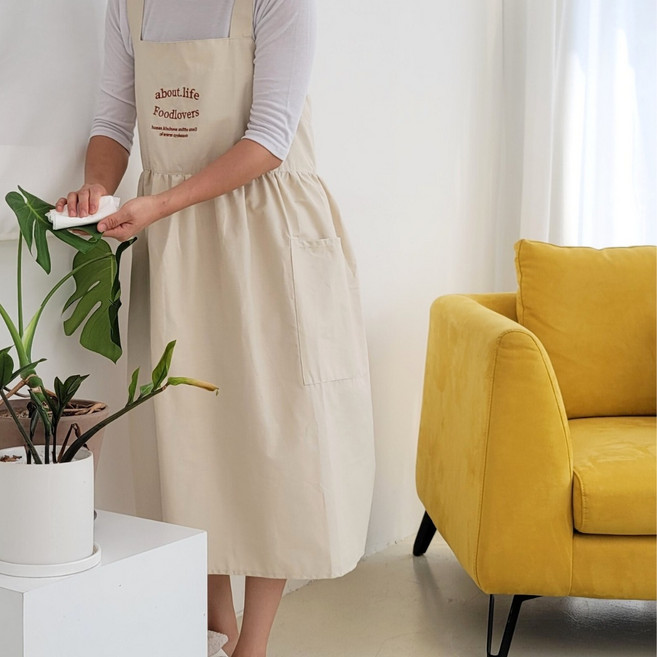 마리마켓 라이프자수 앞치마 원피스 방수 주방 카페 어린이집 식당 미용실 유치원 공방, 1개, 연베이지