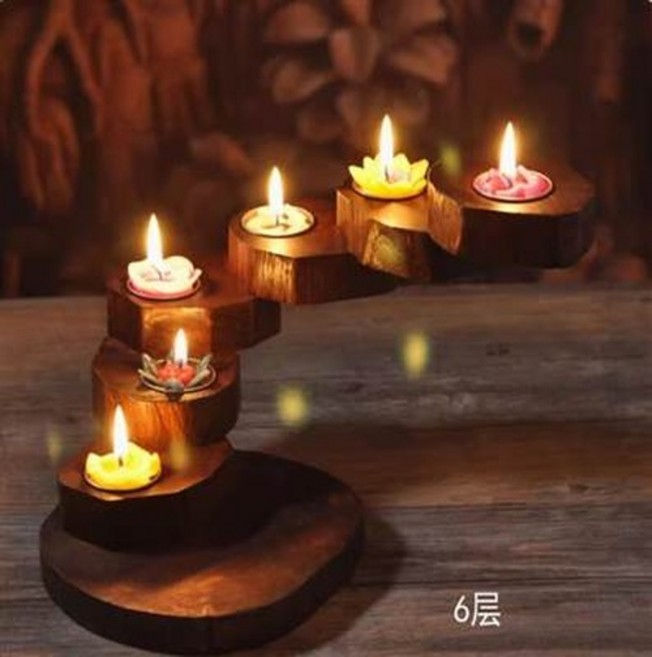 木質六層愛心底座燭台, 泰國實木燭臺燭光晚餐道具浪漫西餐裝飾復古創意多層旋轉燭臺擺件