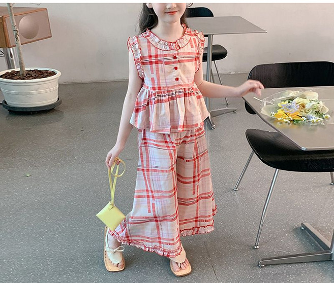 해피유통어린이 봄여름 체크 무팔 상의 + 루즈핏 바지 세트14세 이상 XG03