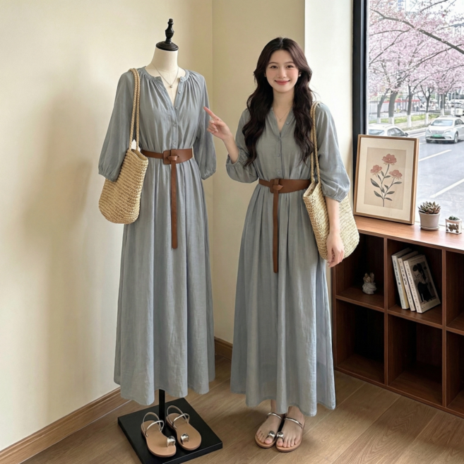 度假風雪紡長裙 女 遮手臂 收腰顯瘦, 優質版 藍色連衣裙 2026新款 氣質 顯瘦 超火減齡 a字 大方得體絕美