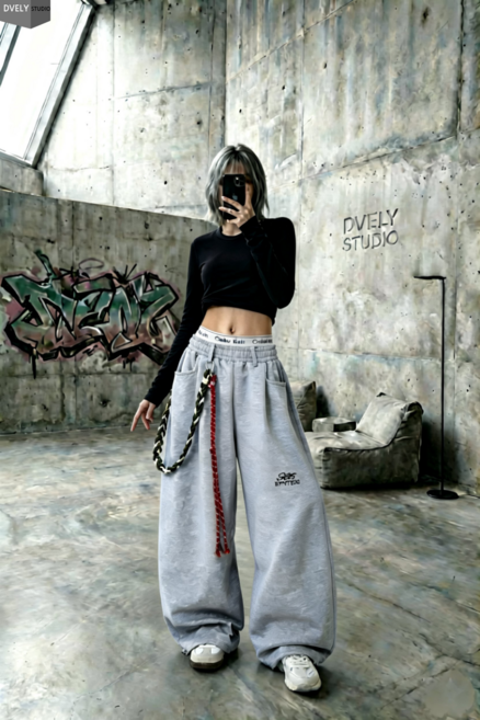 디블리 키링세트 허리밴딩 커브드팬츠 허리밴딩 밑단스트링 와이드핏 방송댄스 댄스팀 단체복 힙한룩 힙합패션