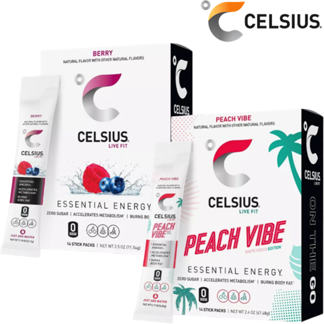 [CELSIUS] [1+1] 셀시어스 히트 워터 제로슈가 베리 맛 14개입 + 피치 바이브 14개입 운동 보조 에너지 드링크 분말 파우더 Energy Drink Mix