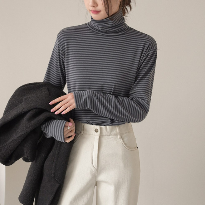 데일리앤 제리 부드러운 터틀넥 스트라이프 티셔츠 겨울 이너 목티