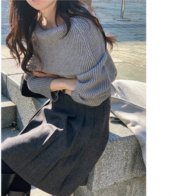 POMTOR 여성 기본 그레이 미디 플리츠 스판 하이웨스트 A라인 플레어 모직 스커트