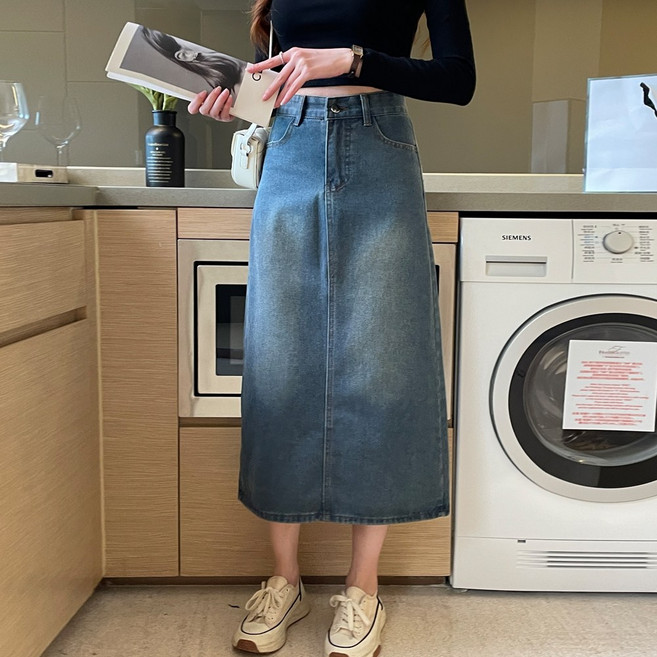 화지나무 H라인 데님 스커트 뒷트임 롱 청치마