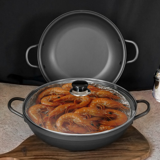 유유마트 국산 업소용 가벼운 경질 높은 전골 냄비 18 20 22 24 26 28 30 32 34, 1개, 34cm_냄비(뚜껑포함), 블랙