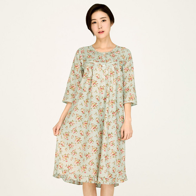 메이플라워 진한민트꽃 7부 순면 여성 빅사이즈 홈웨어 원피스 잠옷