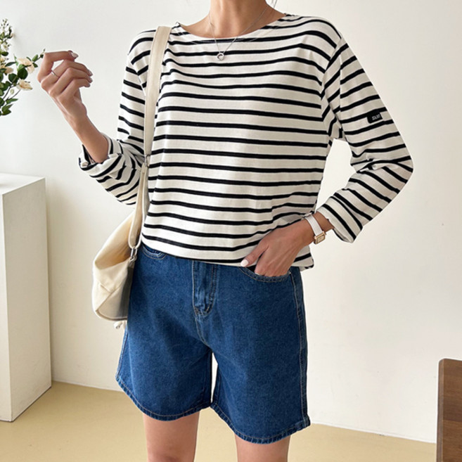 마이쏭 여성 빅사이즈 세인트 스트라이프 봄 가을 긴팔 라운드넥 세인트라벨단가라티