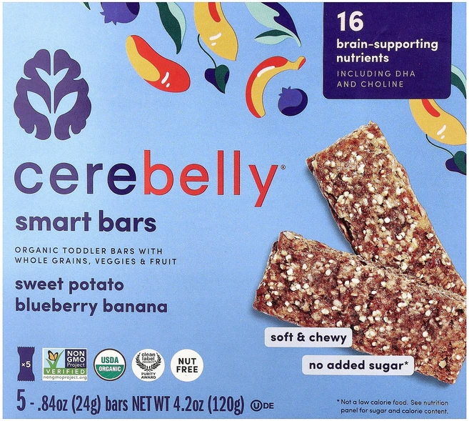 Cerebelly Smart Bars 유기농 토들러 바 고구마 블루베리 바나나 바 5개 각 24g(0.84oz) Cerebelly (세레벨리), 1개 - 쿠팡