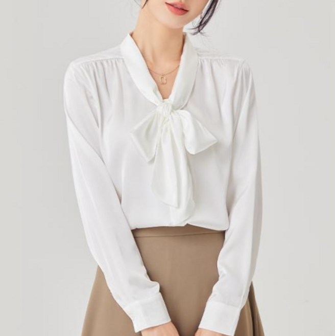 YAMANMAN 여성 정장 셔츠 블라우스 리본 타이 긴팔 블라우스