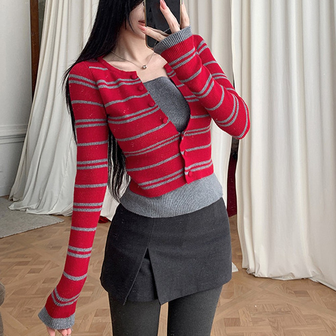 레이어드 니트 여성용 스트라이프 가디건 슬림핏 단가라 긴팔 티셔츠