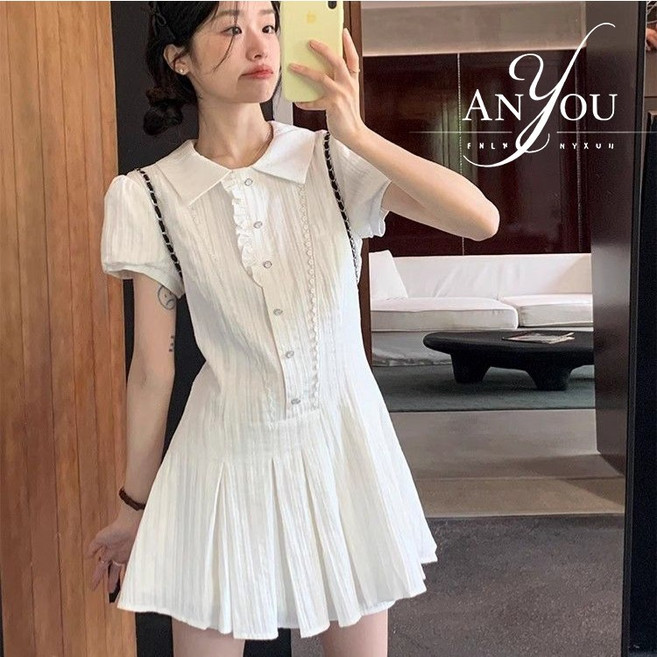 ANYOU 여름 여성 미니원피스 슬림핏 원피스 심플 카라 셔츠 반팔원피스