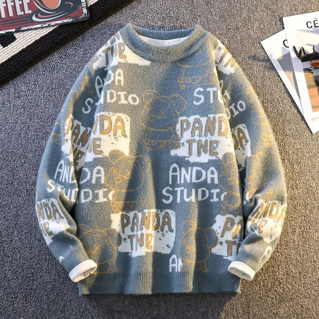 투니스 남성 곰돌이 레터링 퍼 자수 라운드넥 니트 스웨터