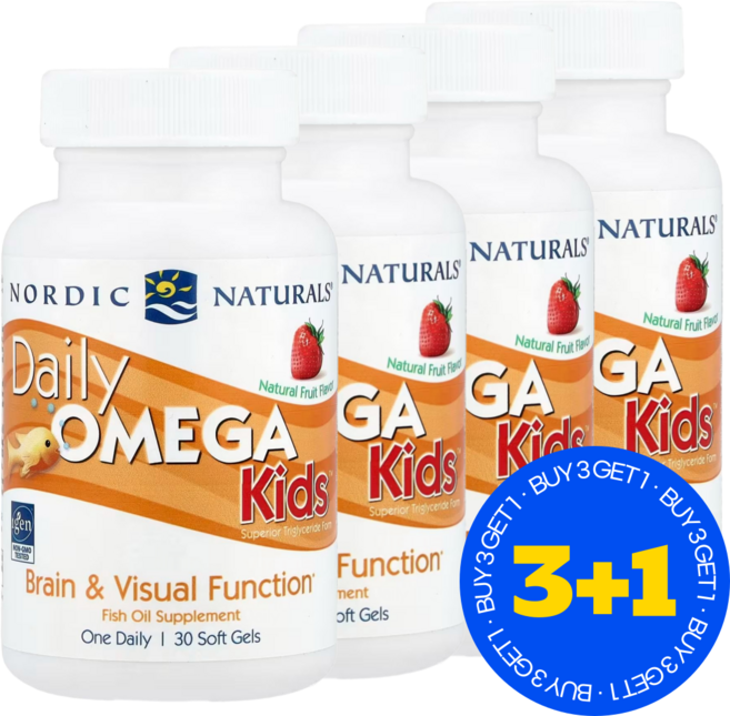 3+1 노르딕 내추럴스 데일리 오메가 키즈 천연 과일 맛 소프트젤 30정 DHA 오메가3 함유 / 해외직구 미국정품, 4개
