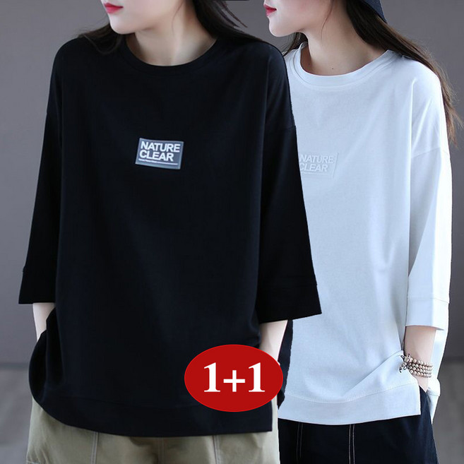 ASURE 여자 반팔 루즈핏 프린팅 라운드넥 칠부티셔츠 1+1