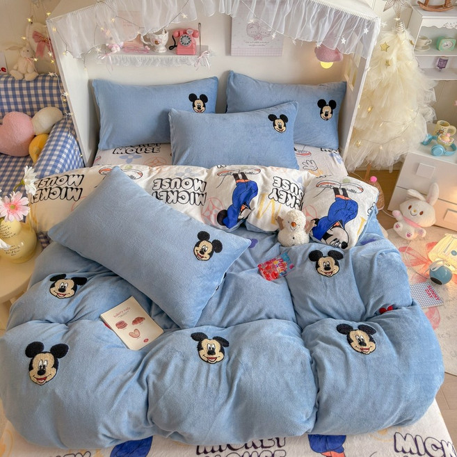 침대 이불 커버 시트 세트 4피스 3피스 겨울 스누피 키티 따뜻한 밀크 플리스 자수