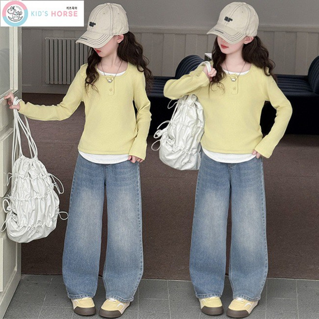 키즈목마 여아 봄 가을 초중생 레이어드 상하복 세트 주니어 긴팔 상의+하의 세트 초등생 데님 긴바지768