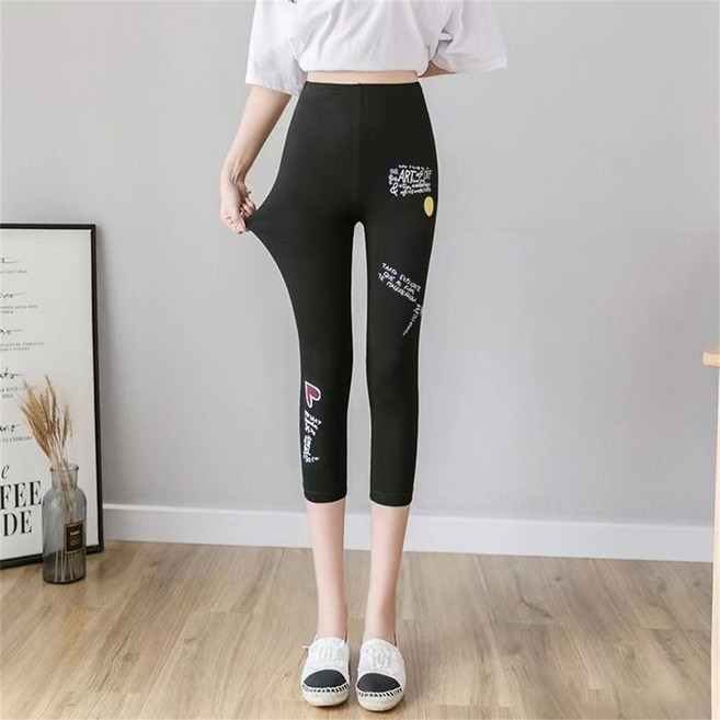 besteffie 여성레깅스 여름용 슬림핏 하이웨스트 7부레깅스 스판레깅스 레터링 하트 패턴 빅사이즈 칠부 쿨레깅스 C58