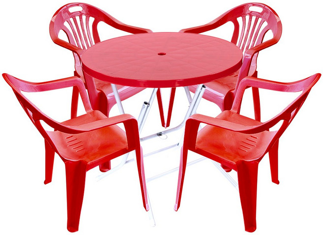 플라스틱테이블 야외테이블 편의점 포장마차 간이 접이식 테이블 의자 세트, 원형테이블+팔걸이의자, 레드