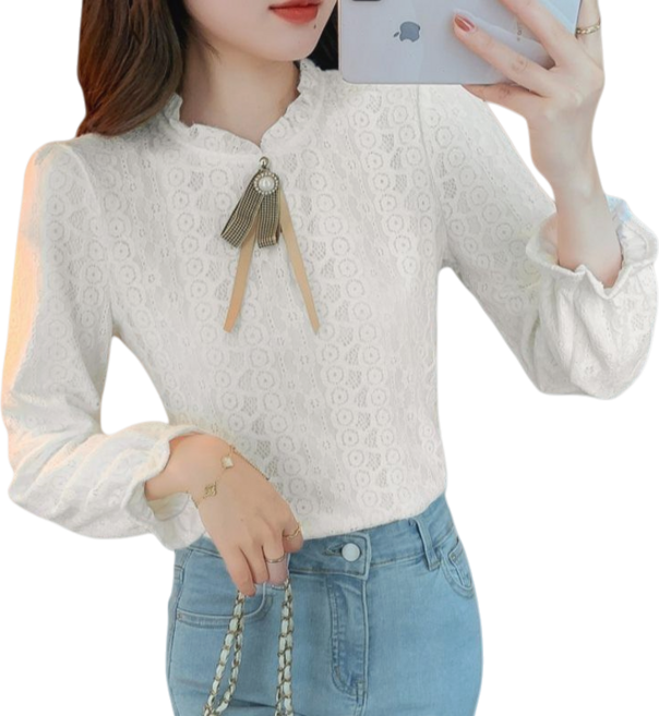 Makone 여성 가을 겨울 라운드넥 캐주얼 기모 레이스 티셔츠