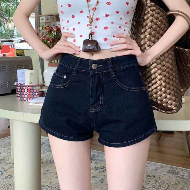 Makone 여성 텐셀 빈티지 네이비 하이웨스트 데님 반바지 여름 일자핏 날씬해 보이는 슬림핏 핫팬츠 청바지